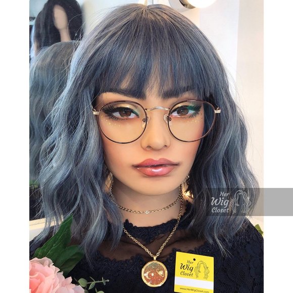 12" Ashy Blue Gray Wavy Wig with Bangs | Stacy - Picture 8 of 10